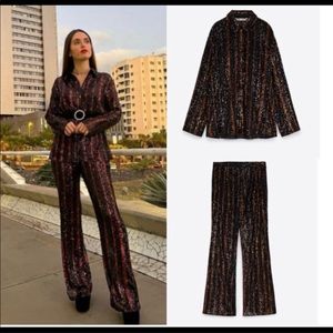 🔥Bloggers Fav🔥NWT Zara Match Set Flared Sequin Pants & shirt